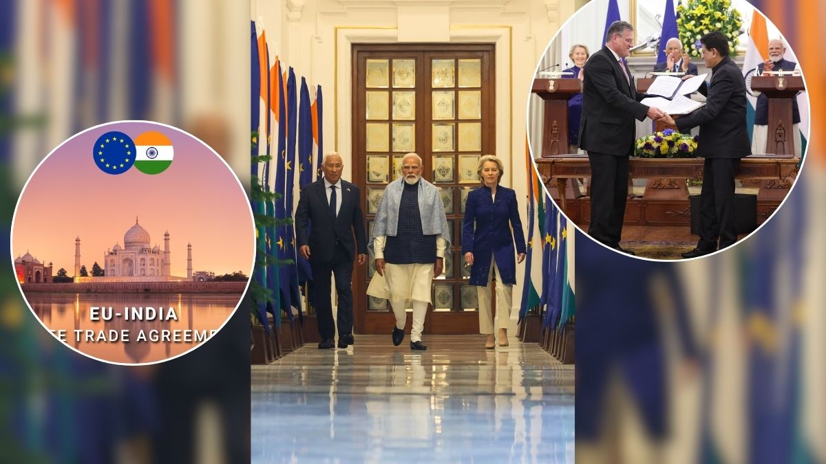 India EU Free Trade Agreement, India EU FTA benefits, india eu trade deal signed, india eu trade deal details, Mother of all trade deals India, India EU trade deal impact, What gets cheaper after India EU FTA, India EU automobile tariff cut, india eu bilateral trade, India EU services trade, Make in India EU FTA, India EU agriculture exports, India EU mobility agreement, Narendra Modi Ursula von der Leyen FTA, India global trade strategy, european wine india cheap, will european cars get cheaper now