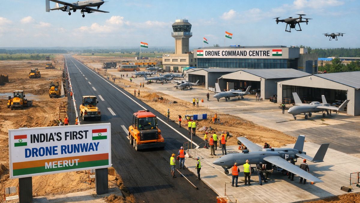 India drone base Meerut, indian army drone use, Indian Army RPA runway, HALE drones India, dedicated drone runway Meerut, drone runway bro project meerut, Operation Sindoor drone warfare, unmanned warfare India, BRO military airbase project, High Altitude Long Endurance RPA, Indian Army drone operations, C-295 C-130 military runway, future warfare India drones